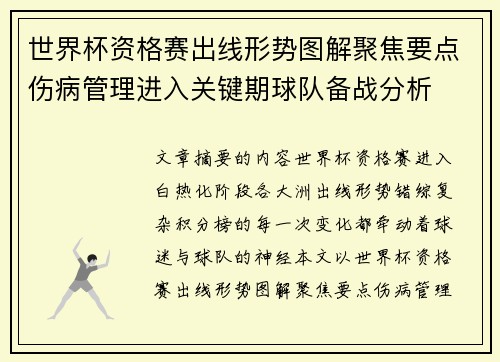 世界杯资格赛出线形势图解聚焦要点伤病管理进入关键期球队备战分析 世界杯资格赛出线形势图解聚焦要点伤病管理进入关键期球队备战分析